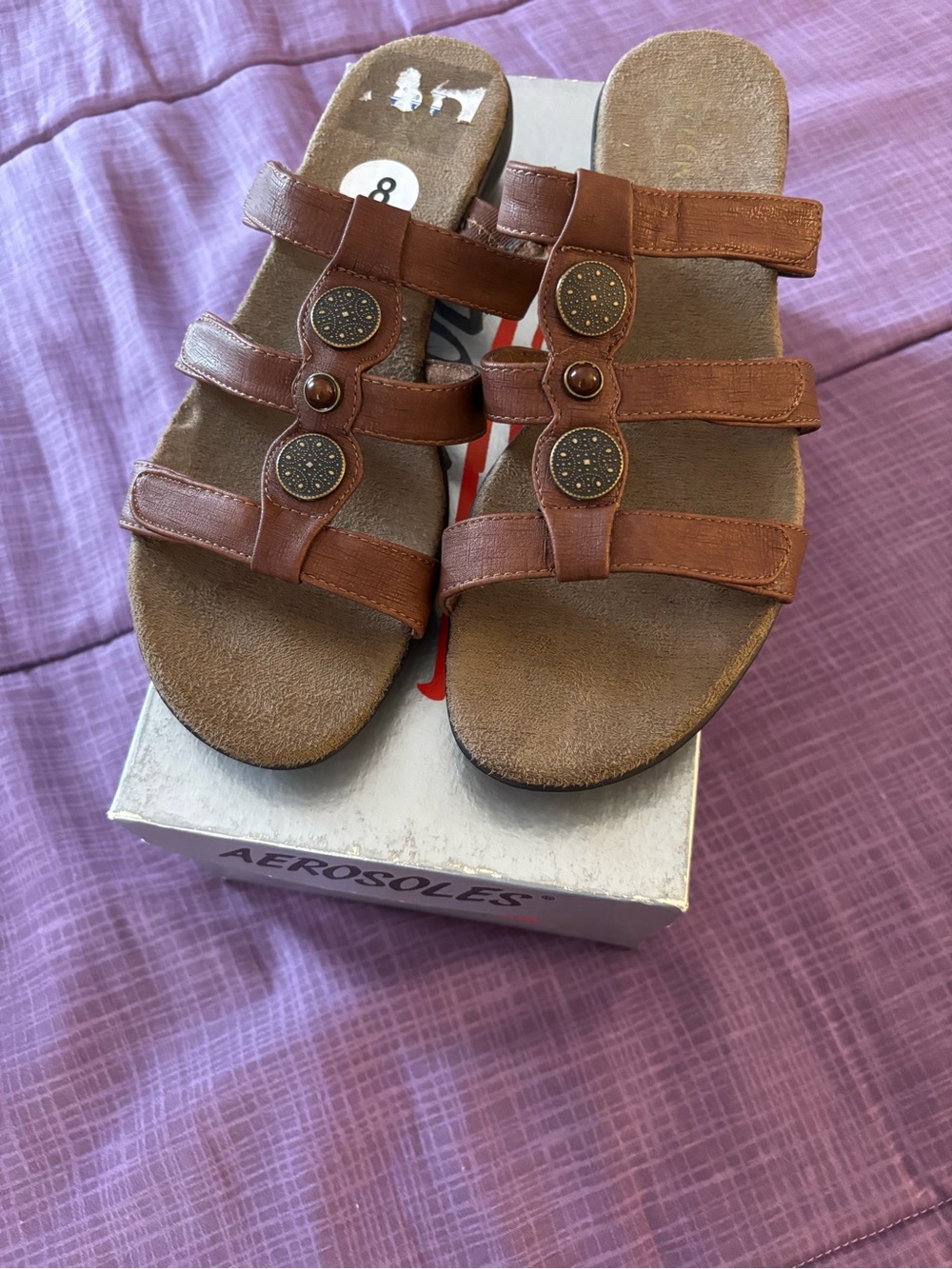 SBICCA Tan Triple-Strap Slide Sandals with Decorative Medallions